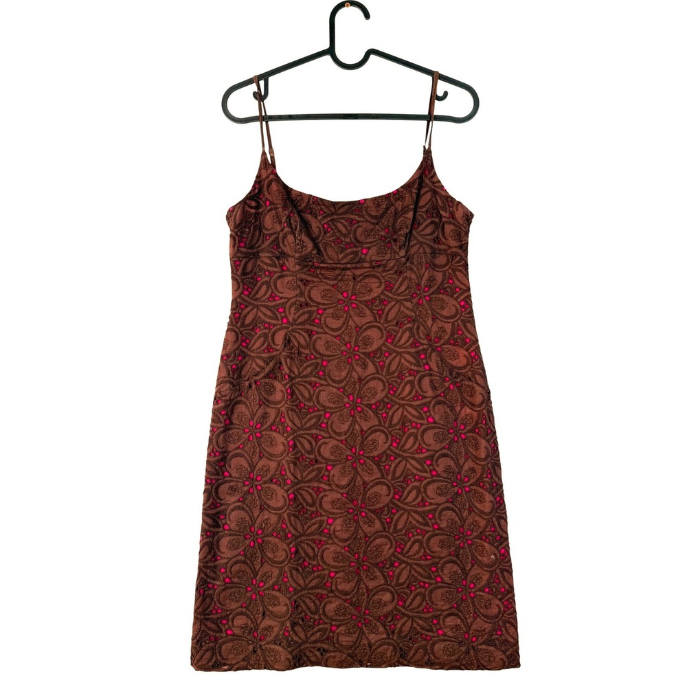 Ann Taylor 4P Dress Brown Pink Eyelet Floral Cotton Embroidery Sheath
